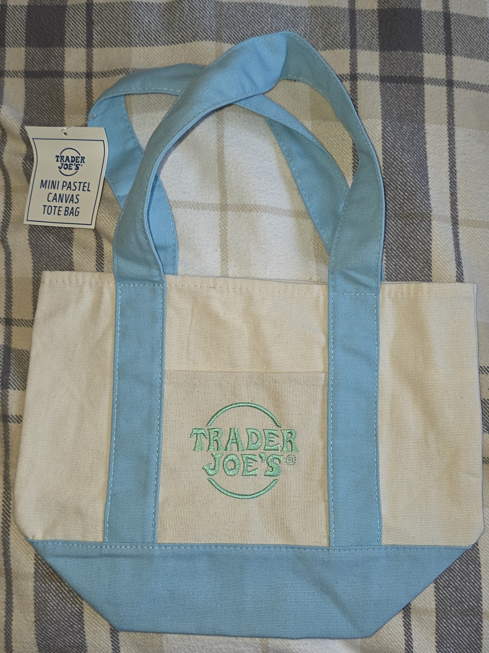 Trader Joe's Mini Canvas Tote in Light Blue and Cream